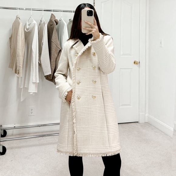 Sail to Sable Jackets & Blazers - Sail to Sable Wool Blend Fringe Trim Double Breasted Plaid Coat in Cream Ivory